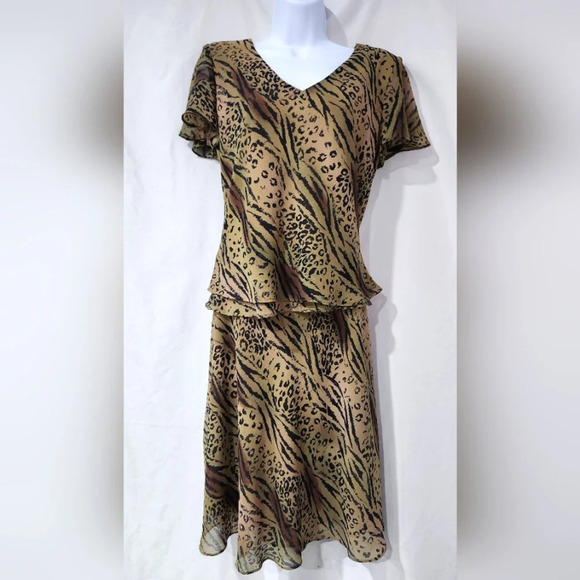 VTG Dress Barn Women's Skirt Set Size 10 Animal Print Chiffon Ruffle Hem Mobwife - Picture 1 of 10
